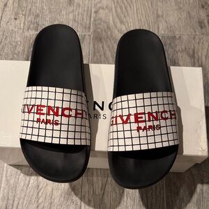 Givenchy Black Slides with White Grid Straps and Red Logo